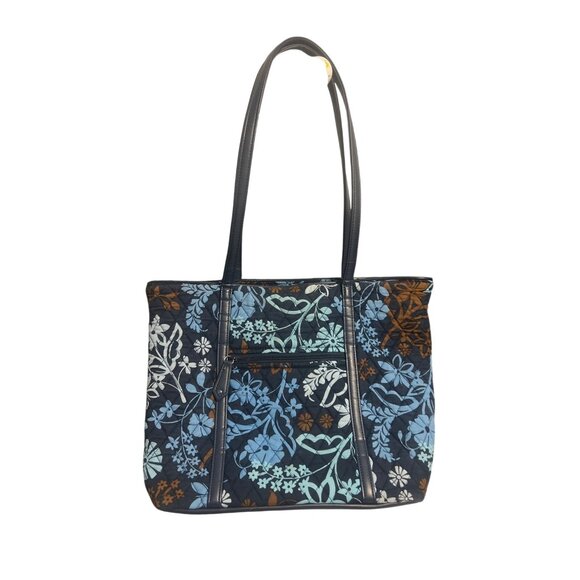 Vera Bradley Java Floral Quilted Tote Shoulder Diaper Bag Purse Blue Brown - Picture 2 of 7